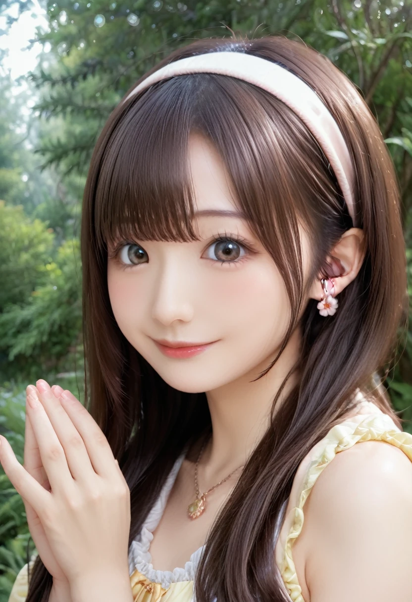 high resolution, best quality, extremely detailed CG, perfect anatomy, perfect hands, high resolution, best quality, extremely detailed CG, perfect anatomy, perfect hands, 1girl, solo, long hair, brown hair, looking at viewer, brown eyes, smile, blush, bangs, closed mouth, face, 20 years old, Japanese, dress, forest, 3d, photorealistic, realistic, portrait, photo \(medium\), ((detailed shapely nose, detailed big eyes, detailed brown hair)), lips, headband, earrings, necklace, 