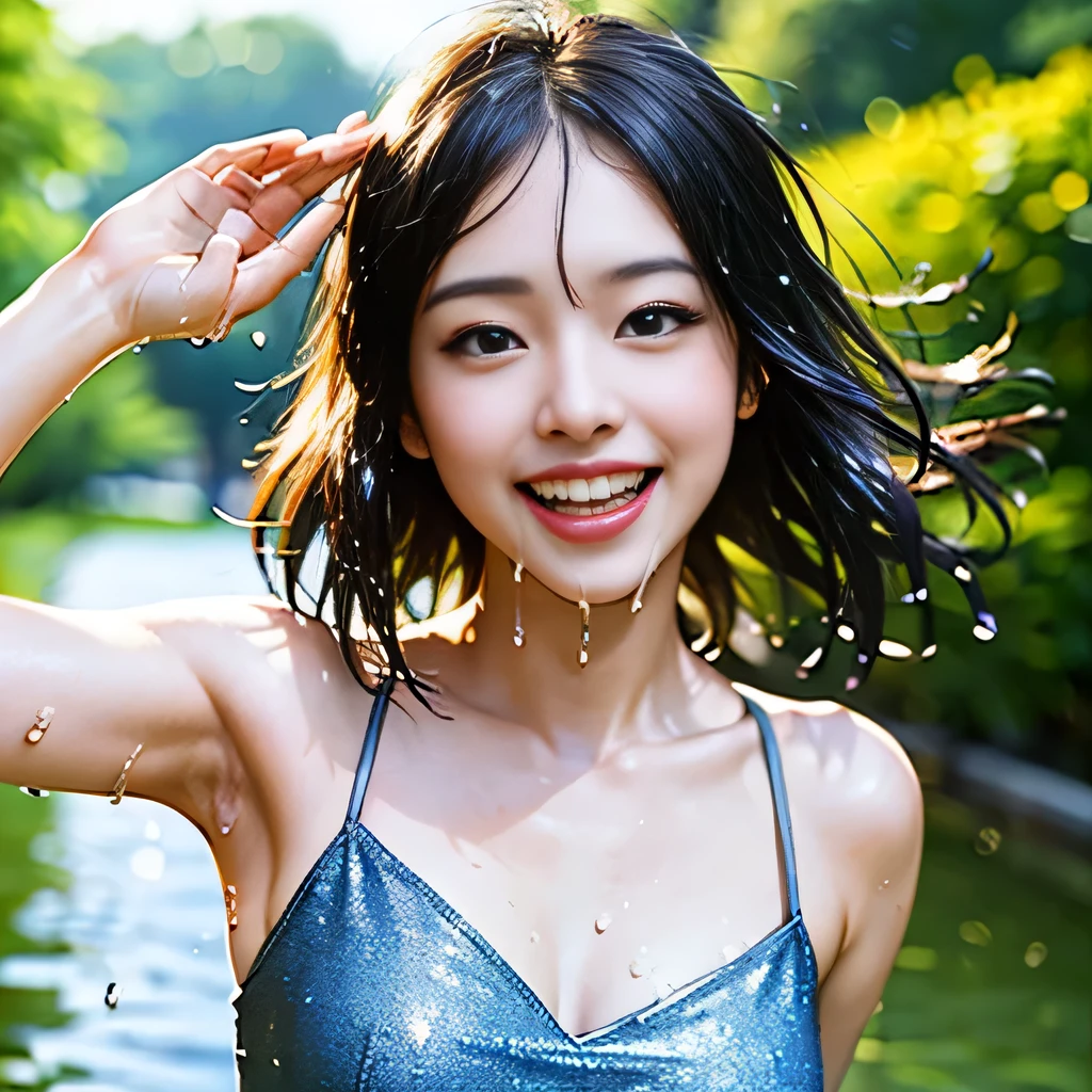 high resolution、so beautiful Woman in her 20s、（Dasha Taran）、Thoughtful expression、Clear photos、Realistic photos、Blonde Hair、Blue Eyes、Beautiful Landscape、Angelic figure、Smiling kindly at the audience、Running on water、High resolution、Very beautiful woman、Dynamic Movement、Highly realistic photos、Extremely detailed depiction、The body is wet、nice smile