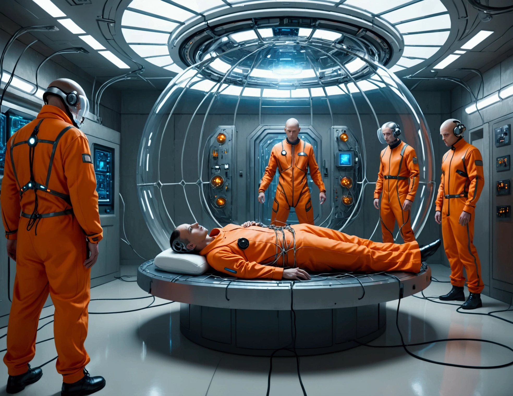 A close-up of a person standing in a room with several others, Futuristic cloning installation, Space Station Vore Station, Arte conceptual de estructura humana, Total Recovery Style, Cuerpo muy realista