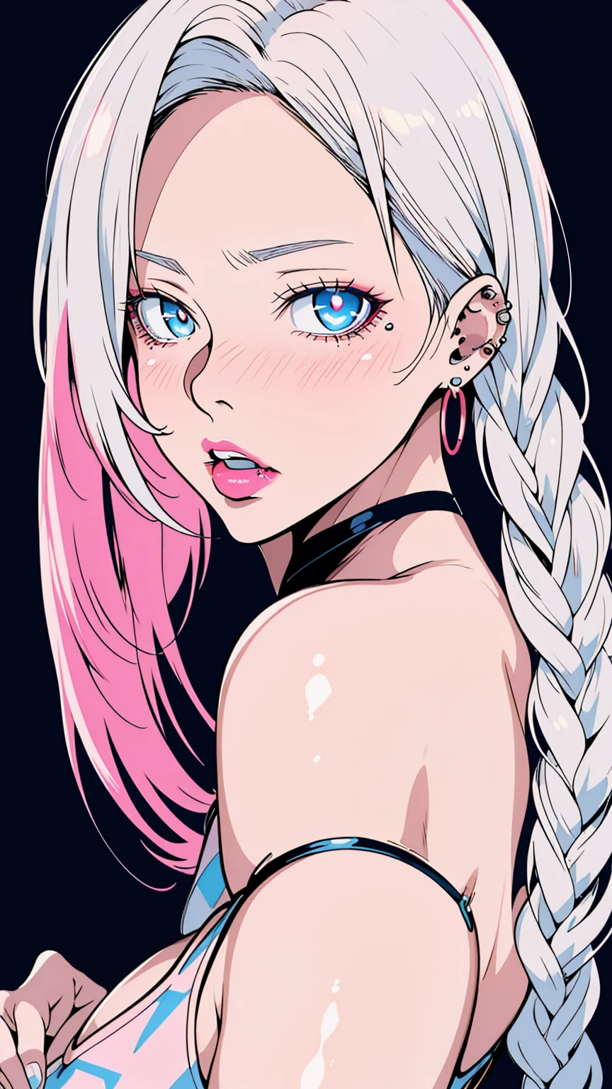 masterpiece, best quality, ultra-high-detailed, white hair, light blue eyes, looking to viewer,  black background, upper shoulder , manhwa style, age 25, piercing , pink lipstick , eyeshadow, twin hair braid, makeup,long oversized hoops earrings 