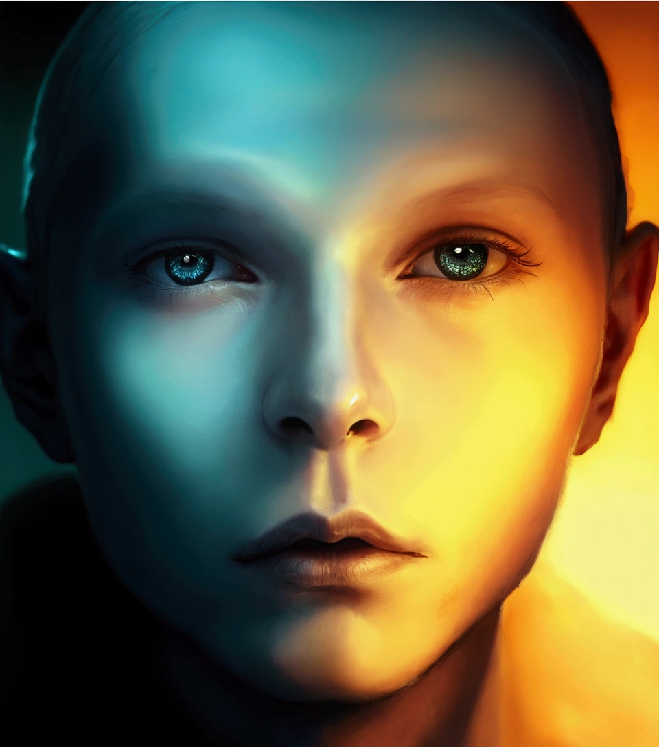 there is a digital painting of a man with a strange face, portrait of a humanoid alien, humanoid portrait, humanoid face, portrait of male humanoid, detailed face of an android, sci-fi face, sci - fi face, white skin and reflective eyes, face of a pale alien cultist, anthropomorphic _ humanoid