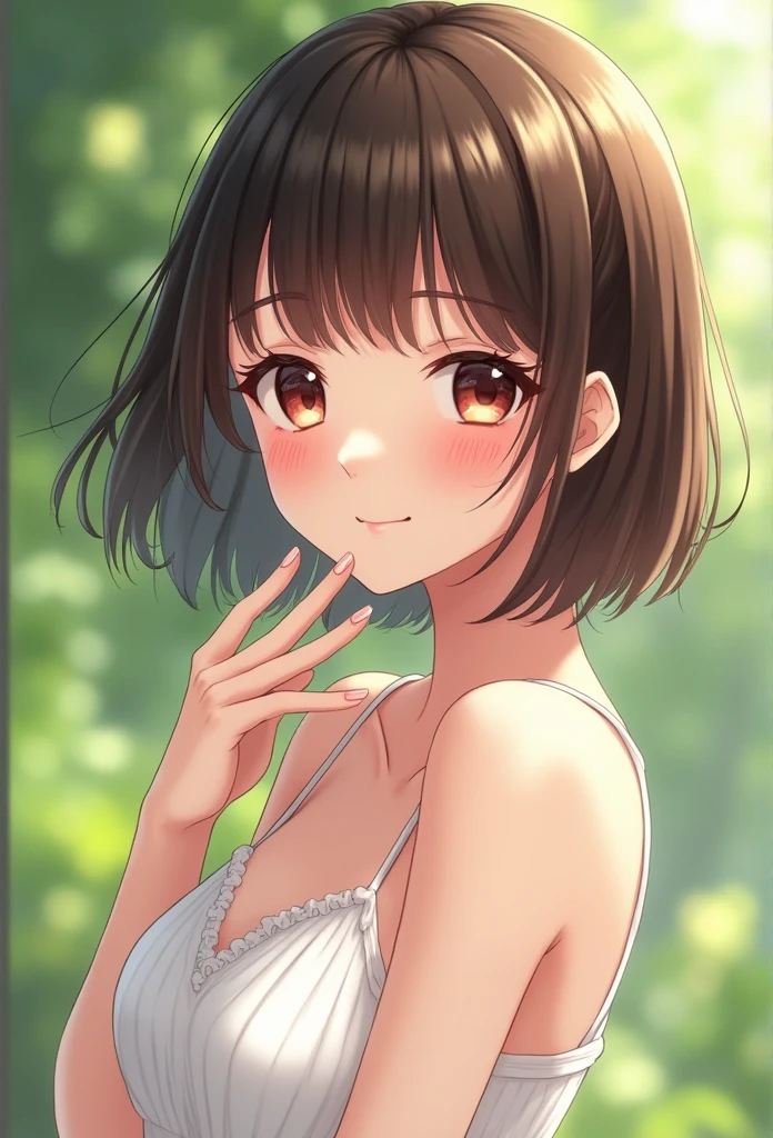 portrait, solo, 1girl, looking to the side, smile, blush, medium breasts, cream hair, asymmetrical bangs, brown off-shoulder shirt, lens flare, Lily_Stargazer \(flower\), floral background <lora:kase_daiki_style_v06:1>