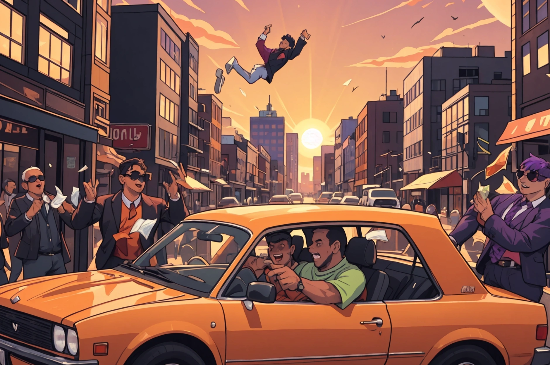 Depict a group of three male gangsters joyfully throwing money in the air while driving a classic car in a vibrant color. The scene is set in downtown during the evening, with the sky painted in shades of orange and purple as the sun sets, and the city lights beginning to glow, creating an atmosphere of excitement and rebellion, with bills fluttering around them