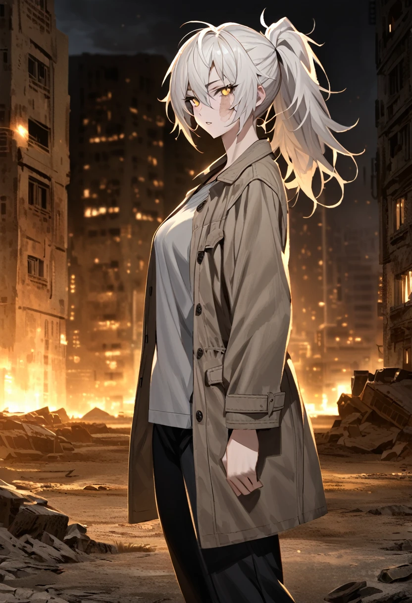 mature, golden eyes, looking at viewer, female, outskirts background, messy hair, very long white hair that reaches to her thighs, ponytail, parted lips, hair between eyes, standing, scar across eye, clear skin, slim, fit, from the side, night, missing right arm, abandoned city, black pants, gray shirt, brown torn coat
