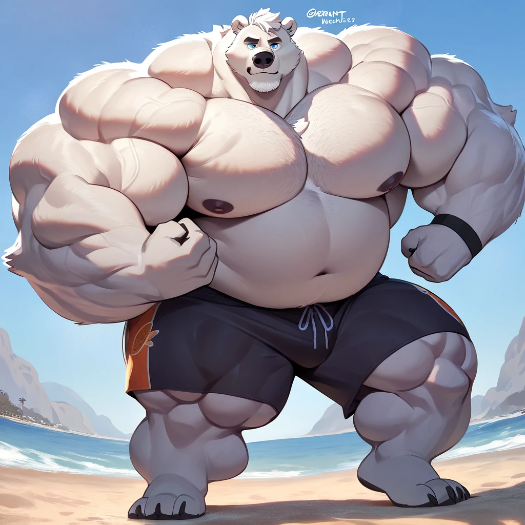 huge bulked up muscular polar bear in Californian beach, big grunting noise, big bulked up flexing body, polar bear, huge white fur, thick arm, huge arm, added gray mustache, added gray beard, short white hair, height: 220cm, weight: 350lbs, (veiny bulked up muscular, pectoral, wide pectoral, thick bulky arms), Walt Disney 2D Zootopia Animation Art Style, detailed gray eyebrows, detailed blue eyes with blue pupils, (wearing black short trunks, wristbands, shirtless, topless, half naked and feet), flexing his thorax