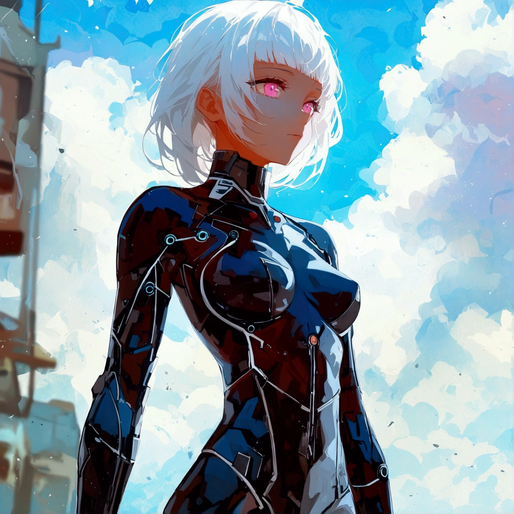 Anime girl, Anime-style female android, full-body view, standing position, floating in the sky. Her lower legs (shins) and forearms have a sleek, clean, and high-tech robotic appearance, while the rest of her body looks like a normal human, pretty sexy, teenage appearance. She is wearing a tight, sensual black bodysuit, exposed legs, exposed thighs, exposed arms. Her skin is smooth, pure white, and flawless, pale skin. She has extremely long, straight, snow-white hair reaching her knees, with a soft fringe covering her forehead. Her eyelashes are also white. Her eyes glow with vibrant pink irises. Her physique is athletic and graceful, with a slim waist, big breasts, toned thighs, feminine arms, and shoulders. Sexy girl. The setting is an abandoned city, during the day, under a clear blue sky. She is floating in the air, creating a calm yet futuristic atmosphere, flat 2D art style, artistic.