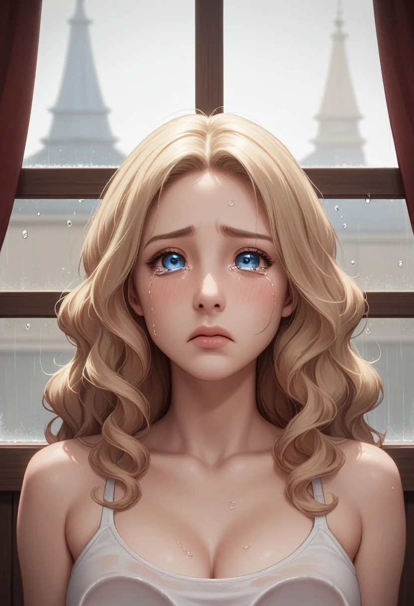 Depicts a scene where a woman is inside seen from outside a window, Best Quality, Face Focus, Soft Light, Ultra-high resolution, ( Photo-realistic:1.4), RAW Photos, 1 Blonde hair, blue-eyed woman, solo, cute, ( Sad, serious face:0.5), ( Bluish eyes, Light in the eyes),  Tears falling from eyes, Tears running down my cheeks,  Eyes staring at something outside the window, Detailed and beautiful face, ( High resolution detail of human skin texture), ( Long wavy hair),  Wooden framed window、 Water droplets on glass,  Rainy scene,  Sad mood,