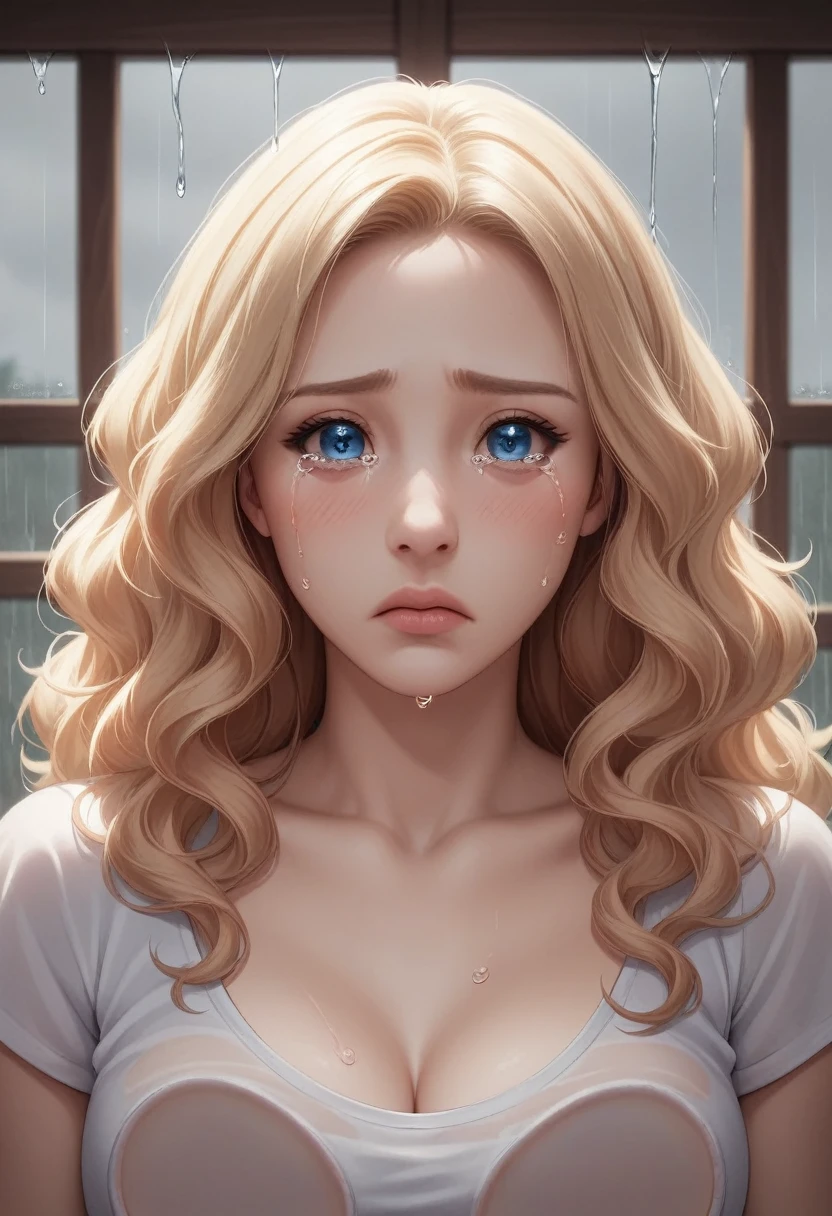 Depicts a scene where a woman is inside seen from outside a window, Best Quality, Face Focus, Soft Light, Ultra-high resolution, ( Photo-realistic:1.4), RAW Photos, 1 Blonde hair, blue-eyed woman, solo, cute, ( Sad, serious face:0.5), ( Bluish eyes, Light in the eyes),  Tears falling from eyes, Tears running down my cheeks,  Eyes staring at something outside the window, Detailed and beautiful face, ( High resolution detail of human skin texture), ( Long wavy hair),  Wooden framed window、 Water droplets on glass,  Rainy scene,  Sad mood,