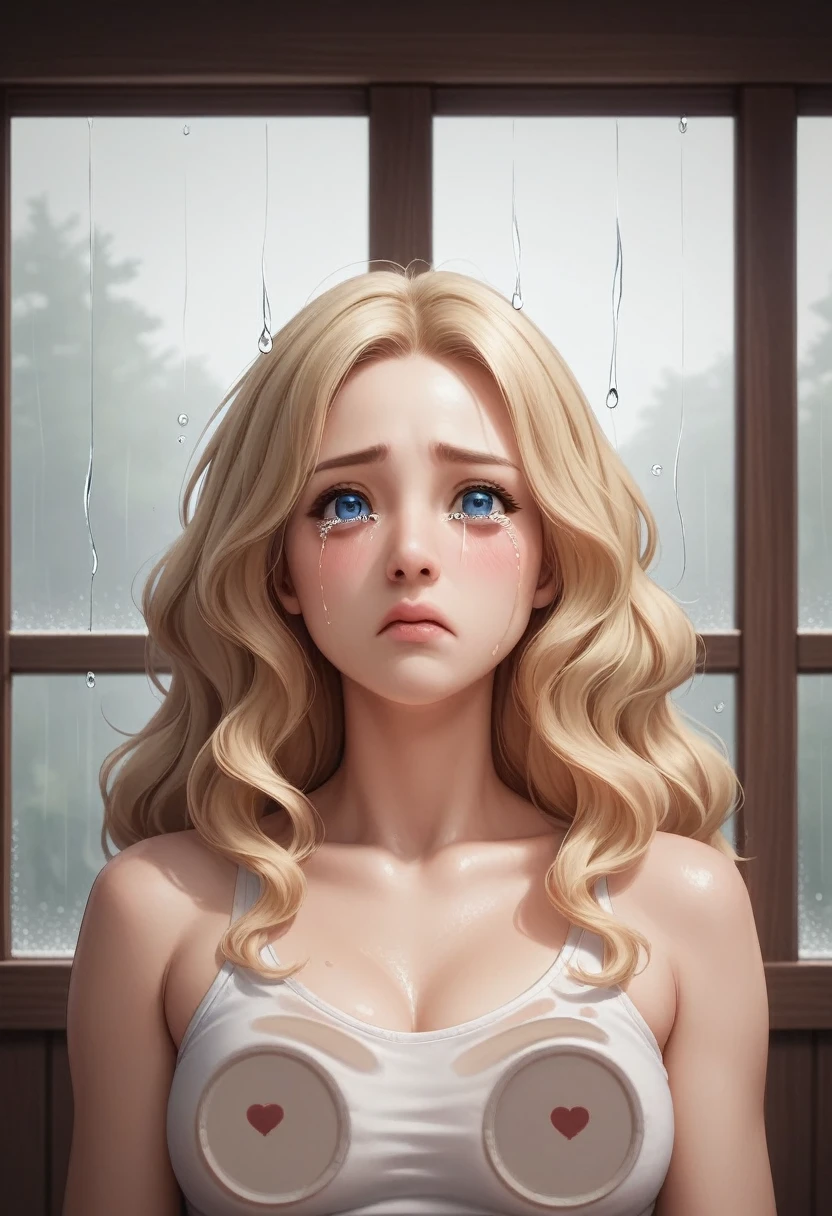 Depicts a scene where a woman is inside seen from outside a window, Best Quality, Face Focus, Soft Light, Ultra-high resolution, ( Photo-realistic:1.4), RAW Photos, 1 Blonde hair, blue-eyed woman, solo, cute, ( Sad, serious face:0.5), ( Bluish eyes, Light in the eyes),  Tears falling from eyes, Tears running down my cheeks,  Eyes staring at something outside the window, Detailed and beautiful face, ( High resolution detail of human skin texture), ( Long wavy hair),  Wooden framed window、 Water droplets on glass,  Rainy scene,  Sad mood,