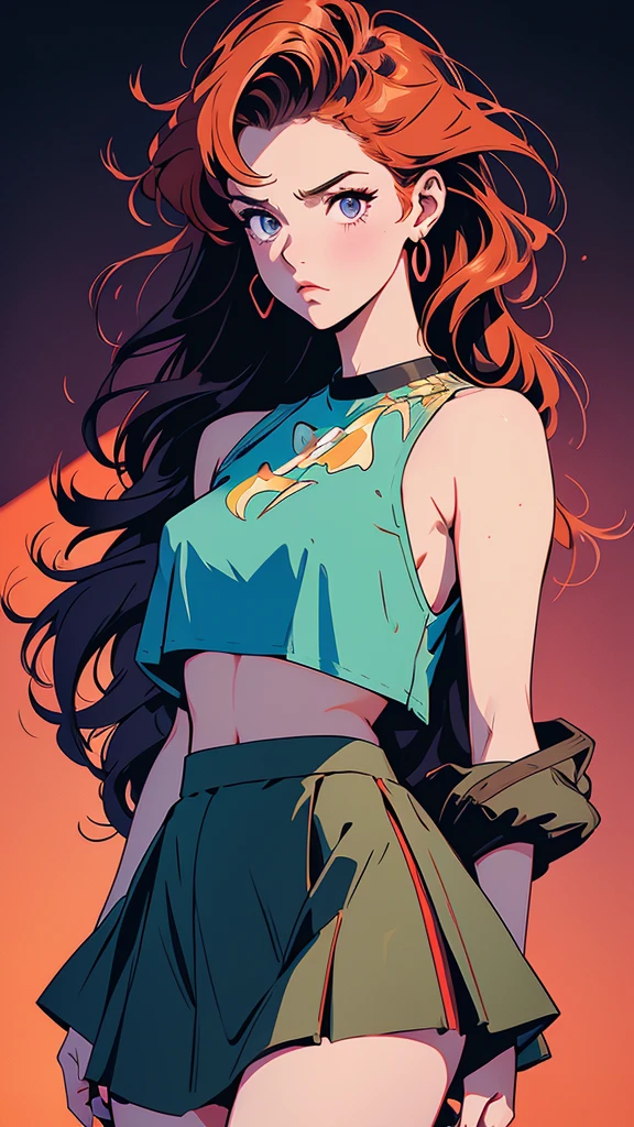 art by ilya kuvshinov and Yanjun Cheng,digital art,Rugged broad-shouldered Guy,wearing Skater skirt and crop top,Ginger hair styled as Side-swept curls,Warm lighting,elaborate,sharp focus,deep rich colors,extremely rich detail,surreal,dynamic,  cartoon 90's style