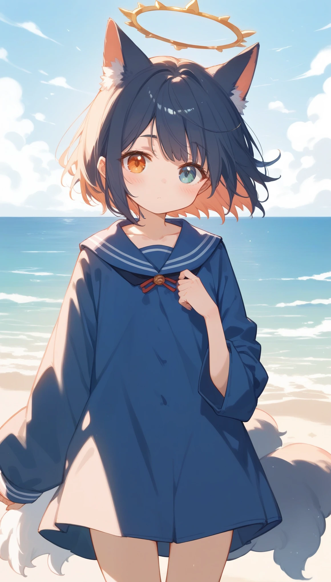 Cat earsSchool swimsuitSeaHeterochromiaSmileWhole body, very short hair, halo, mismatched pupils, wolf ears, blush, sea, floating hair, anime, anime style, UHD, 1080P, HD, 16k, 16k, highres, masterpiece, best quality