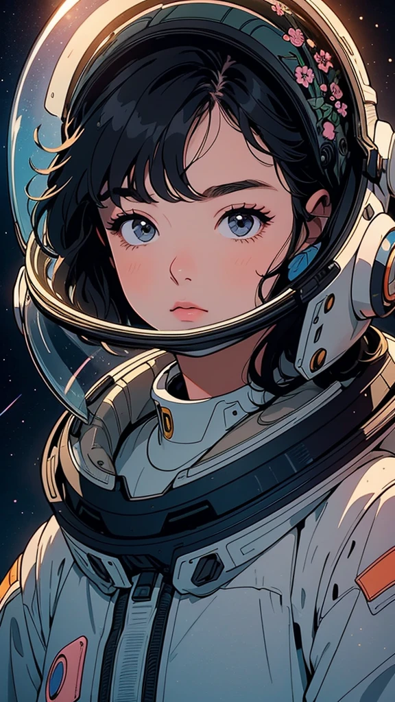 A young woman inside a space helmet, 
gazing thoughtfully. 
She has wavy dark hair, and the visor of her helmet is clear, showing her serene expression. Around her,  peach-colored flowers, creating a contrast between the soft, delicate blooms and the hard, futuristic space helmet. The background is a cosmic, starry scene, blending elements of nature and space