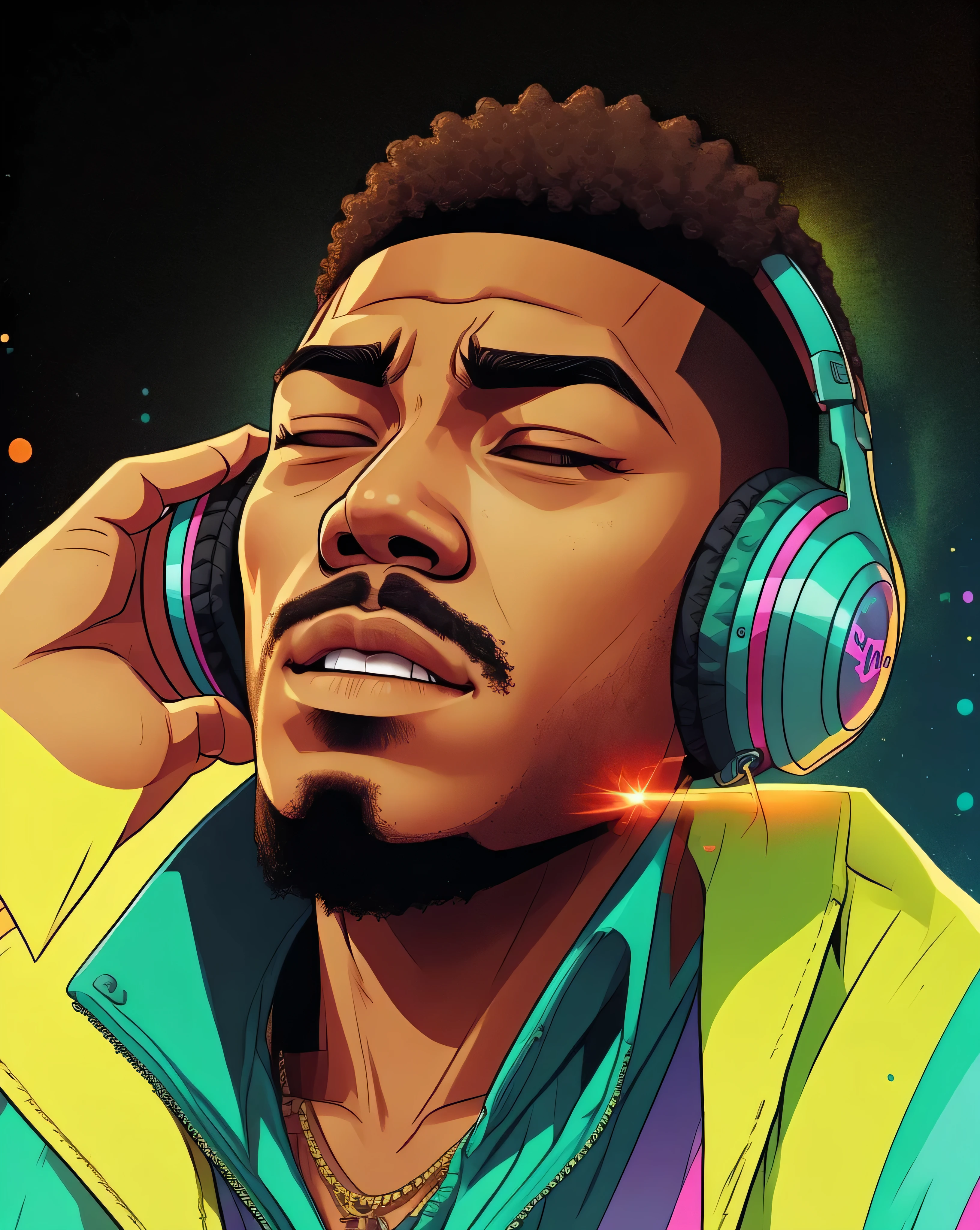 arafed man with headphones on listening to music while wearing a yellow jacket, wearing ice crystals, wearing headphones, with head phones, with headphones, sweaty and gross pioneer work, an exhausted deity, rain drops on face, portrait of a digital shaman, markings on his face, asian face, headphones on his head, wearing headset, headphones on head, he has headphonesGTA-style artwork ,(young people:1.5)Illustration, digital art, (GTA style:1.5),Art style of GTA, Art GTA bright colors, (cartoon style:1.2),(hyperdetail:1.15), glamorous style, best quality, holistic, high detail, serious,against a large metropolis, ((neon lighting)), ((Cyberpunk)),soft light,satirical,exaggerated,pop artstyle,vibrant colors,iconic characters,action-packed,((The background is an orange red city:1)),sun, coconut trees