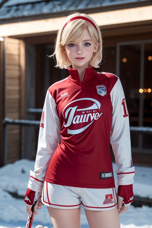 Robyn Starling,
light blonde, wavy short hair, blunt bangs,red hairband,
babyface,big detailed blue eyes, snub nose, slim light pink lips,
petite,short,thin,skinny,0 fat body,
masterpiece,best quality,HDR, 
dressing an oversized white and red hockey jersey,full body shoot,
smiling, winter city background
