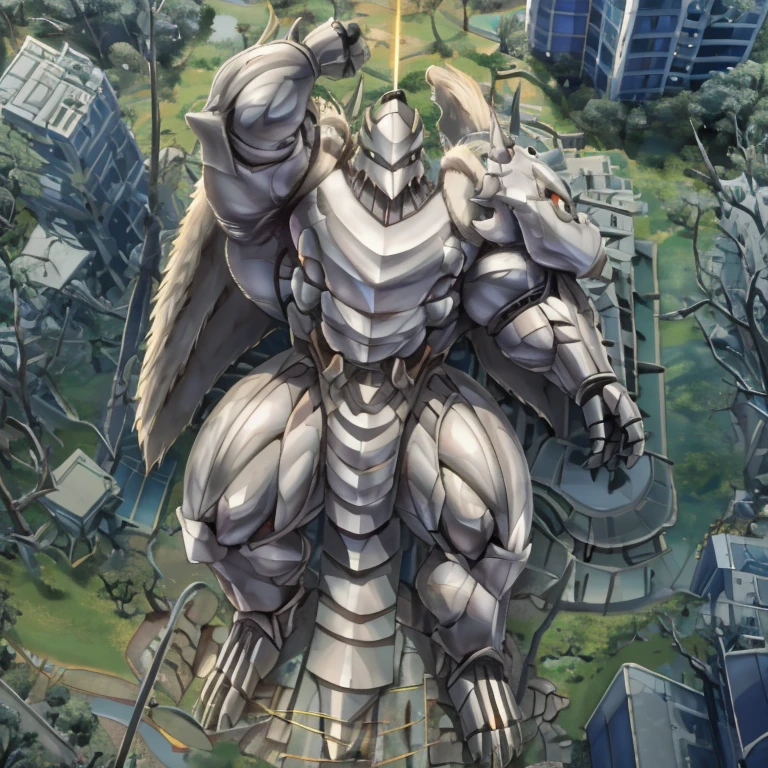 The as big as a building Exoskeleton Silver Samurai in the small street，Exoskeleton Silver Samurai(massive:3.0,Big Muscle:1.1(heavyweight,strong,macro,Emphasize huge size, Stepping on the ruins)),background((the collapse building,raising little spoke,the little sparks,the rift in the road)),high angle perspective