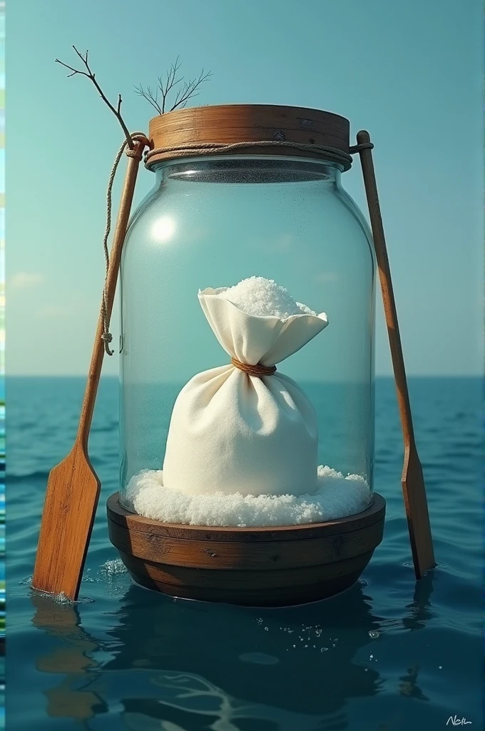  A bag of sugar in a wooden jar in the sea, The sack has two oars . 