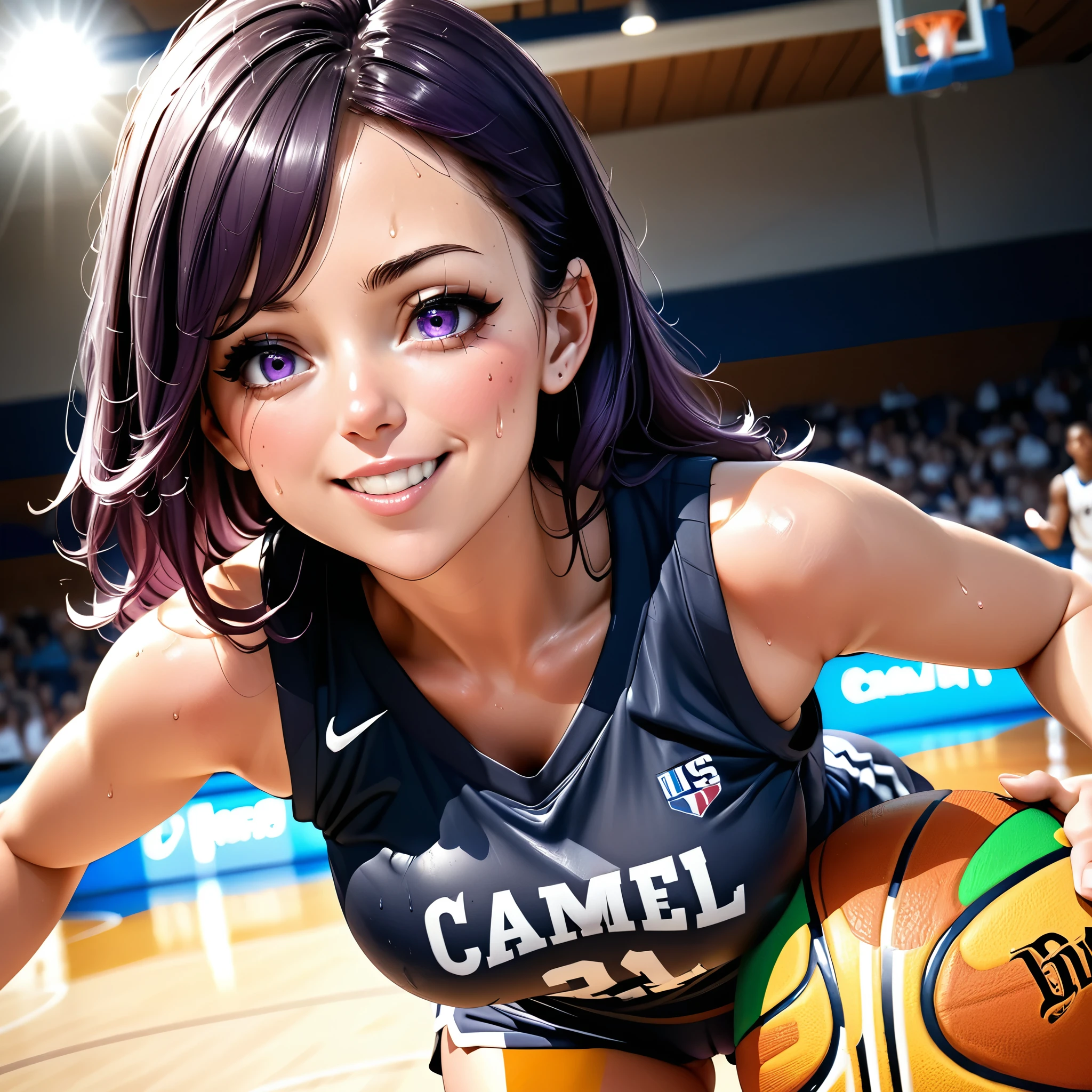 masterpiece, sexy, natural light, 1girl, photorealistic, camel toe, diffused light, Depth of the bounds written, professional lighting,Big eyes, Have a basketball, Cheerful smile, scattering sweat, shiny skin, deep purple hair, hyper beautiful face,