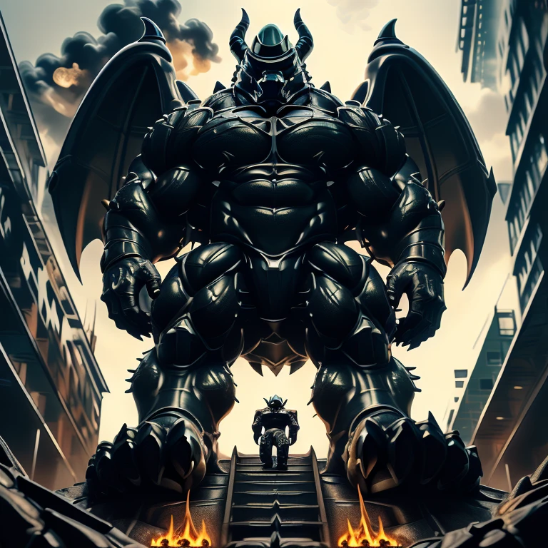 (masterpiece. official art. 8k. best quality. detailed full body. full body.)
(situation 1 : dominating demon lord dragon batzz. focus Colossus mechanical Muscular demon lord dragon batzz is trampling the CITY. macro. stomp. Low-angle perspective. emphasizing the immense size. The perspective is from below, emphasizing the sheer majesty and power of the Colossus. Colossus art. He is much bigger than a skyscraper. Giga Colossuss. micro soccer field. looking down.)

(situation 2 :smoke and flames rising from the destruction in the city)

(Additional details 1: wearing a full-face helmet. helmet is jet black. The color of NANOSUIT is jet black. high-tech bio-mecha armor. real texture material. whole body shines like metal. Wearing cyberpunk mecha. emphasizes the muscles. suit fully made of metal. intricate armor. Robotic suit. suit fully made of metal. NANOSUIT with the same design as demon lord dragon batzz.). (demon lord dragon batzz has 5 toes.)

(Additional details 2: (Detailed head. Detailed Body. Detailed abs. gigantic muscles. HYPER MUSCLES. Gigachad Muscular. big muscle. pecs. triceps. traps. unusually developed muscular body. body full of huge muscles. showing off muscles. pectorales enormes. Exaggeratedly huge muscles. huge muscles. long legs.).

(Additional details 3: nj5furry, Spread wings. It has wings. black have big wings. The claws are sharp. Sharp teeth.5 toes.). 