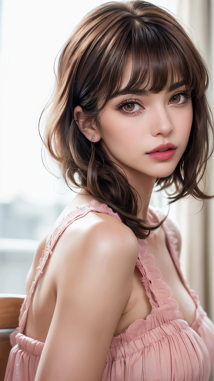 lightbrown hair、Beautiful 18years-old girl with white skin、gray-green eyes、Beautiful face with symmetry、Look firmly at the camera、Put your ears out、Cute smile、Beautiful teeth、Beautiful teeth alignment、Shorthair that feels movement、hair between eye、crossed bangs、medium breasts、Beautiful 18 year old teen、Beautiful supermodel with a small face、Very tall supermodel、Supermodel with a long neck、Show off your beautiful décolleté、Tilt your neck slightly to the right、Tilt the body slightly to the left、very long legs,beautiful legs,white legs,spreading legs,Very beautiful smile、Iridescent very artistic fine technique brush paint background、Beautiful woman full of very adult charm、full body seen、nipple slip,brown nip,Being on the bed