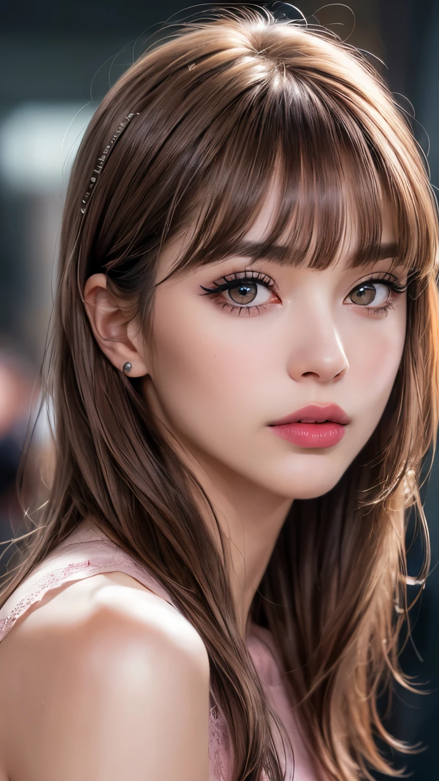 beautiful girl, brown eyes, beautiful 18 year old girl, hair color [Brown highlights hair], [undercut pixie] hair, short hair, lips, realistic, narrow waist, charming, pink lipstick, colorful makeup, long eyelashes, fair skin, (cute), (detailed face), detailed eyes, detailed iris, (large breasts:1.2), smirk, (cowboy shot), (v-neck shirt, cleavage)