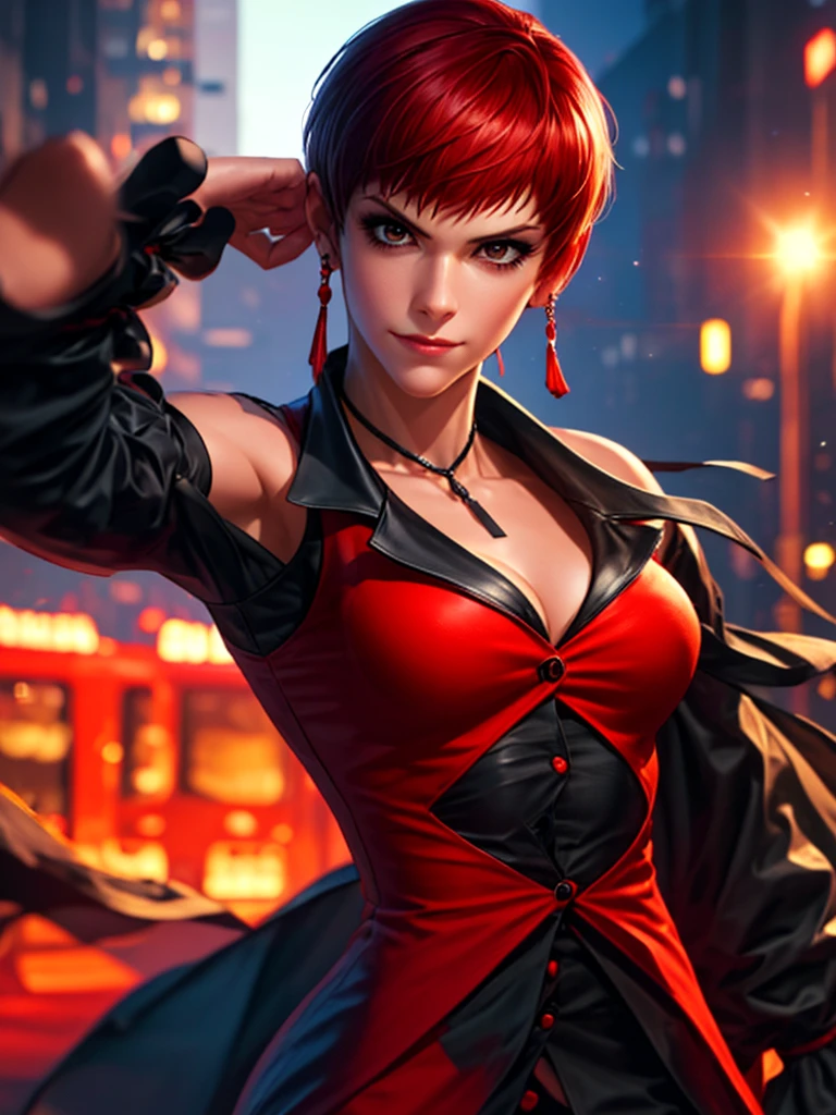 Woman in her 30s, alone, alone, athletic, very short red hair, ultra detailed, looking furiously at viewer with very upset eyes, angry gesture, has demonic costume, full body, digital art, moonlight, young woman, hands perfect and beautiful. with perfect fingers, beautiful long legs, perfect legs, beautiful body, beautiful nose, beautiful character design, perfect face, look at the viewer (focusing on the entire character), closed mouth, Light_Smile, official art, 8k CG wallpaper extremely detailed unit, perfect lighting, bright and colorful front lighting, glowing skin (masterpiece: 1.0), (best quality: 1.0), ultra high resolution, 4K, ultra detailed photography, 8K, HDR, high resolution, nonsense: 1.2, Kodak portra 400, film grain, blurred background, bokeh: 1.2, lens flare, (vibrant_color: 1.2), professional photography, (beautiful_face: 1.5), (narrow waist)
