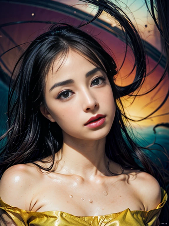 (highest quality, 32k, High resolution, masterpiece:1.5,), Haunting fantasy portrait in abstract style, ((In a swirl of fantastic colors and soft light)), Evoking a sense of soothing tranquility and elusive beauty, Award-winning masterpiece with amazing details, cute japanese woman, 24 years old, perfect human anatomy, big magical eyes, gentle smile, ((Shiny detailed brown hair)), Long straight hair tousled by the wind, Beautiful asymmetrical bangs, hair between eyes, smooth and soft skin, thin eyebrows, clear double eyelids, Attractive pink lips, ((naked, Wrap your body in a transparent silk cloth)), High resolution perfect collarbone, High resolution beautiful bust, Slender body with plump breasts, ((sparkling light effects:1.3)), summer blue sea, The blue, sparkling water surface reflecting light, bright sunshine, professional lighting, professional photographer, Professional models,mysterious