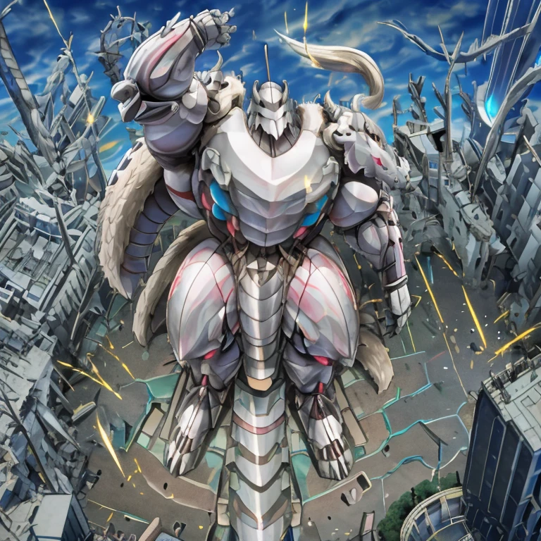 - The as big as a building Exoskeleton Silver Samurai in the street.
- Exoskeleton Silver Samurai (massive:3.0,Big Muscle:1.1(heavyweight,strong,macro,Emphasize huge size, Stepping on the ruins))
- background((the collapse building,raising little spoke,the little sparks,the rift in the road))
- high angle perspective