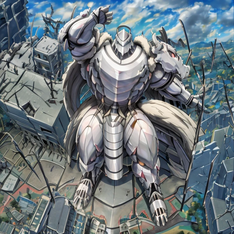 - The as big as a building Exoskeleton Silver Samurai in the street.
- Exoskeleton Silver Samurai (massive:3.0,Big Muscle:1.1(heavyweight,strong,macro,Emphasize huge size, Stepping on the ruins))
- background((the collapse building,raising little spoke,the little sparks,the rift in the road))
- high angle perspective