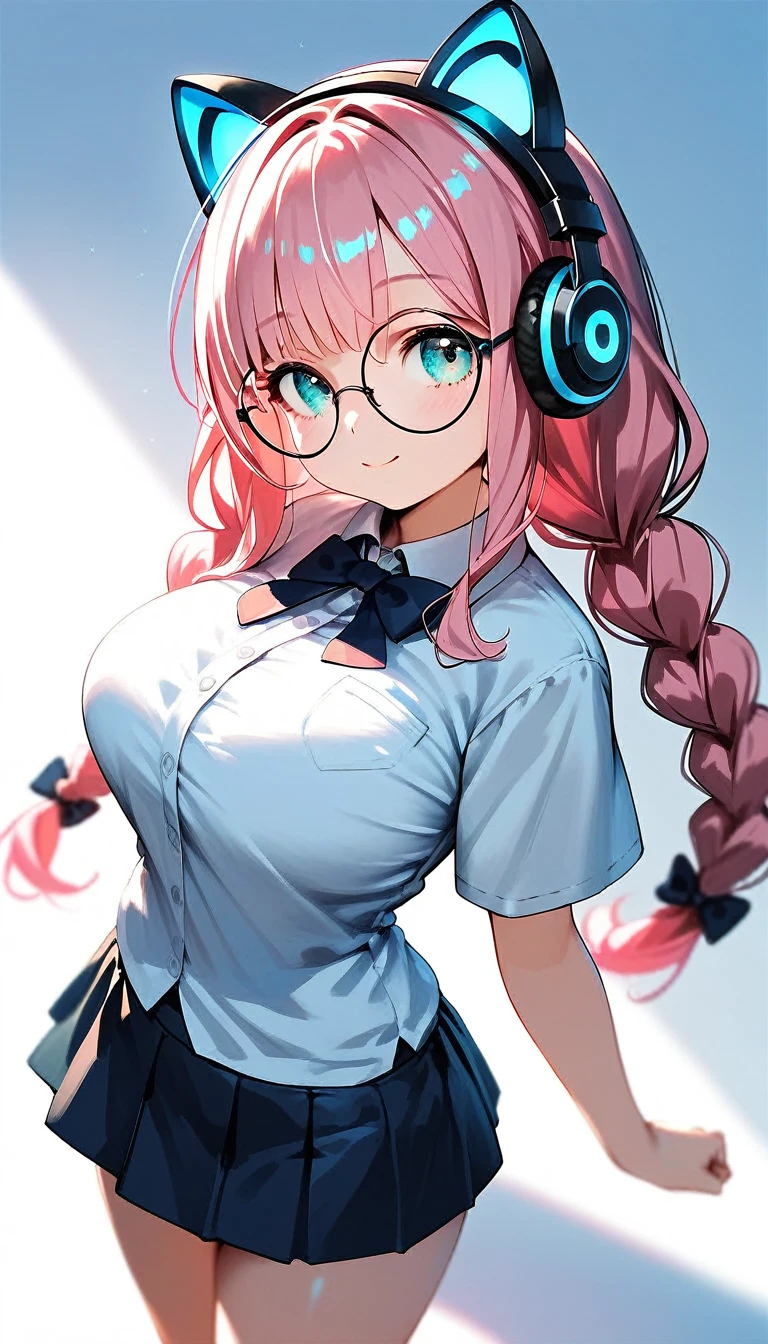 (best quality:1.2), (ultra-detailed:1.2), (2.5D:1.2), (Anime Moe Art Style), 1girl , pink hair,  Cyan eyes, gradient eyes, twin braids, blue Glowing cat ear headphones, black round glasses, large breasts , mini skirt, portrait, dynamic angle