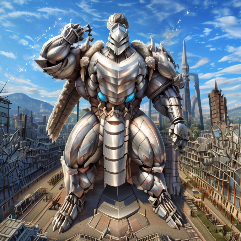 - The as big as a building Exoskeleton Silver Samurai in the street.
- Exoskeleton Silver Samurai (massive:3.0,Big Muscle:1.1(heavyweight,strong,macro,Emphasize huge size, Stepping on the ruins))
- background((the collapse building,raising little spoke,the little sparks,the rift in the road))
- high angle perspective