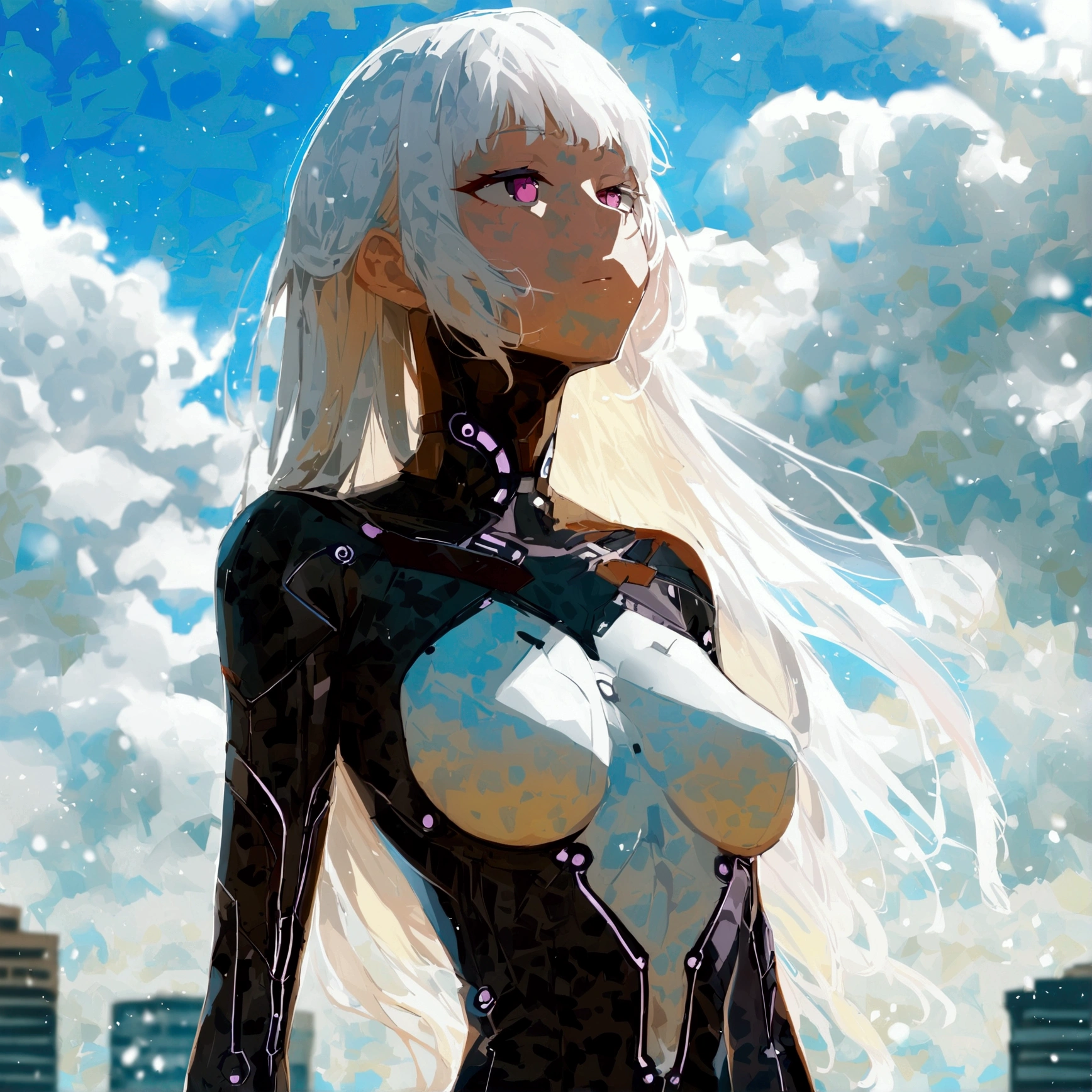 Anime girl, teenage appearance, beautiful girl, beautiful face, pretty sexy, sensual, android forearms, android shins, human body, pale skin, pure white skin, long hair, very long white hair, hair reaching to the knees, snow-white hair, bangs covering the forehead, white eyelashes, pink eyes, bright pink eyes, sexy clothes, tiny bodysuit, black bodysuit, exposed legs, exposed arms, large natural breasts, sexy thighs, mysterious look, apathetic face, full body view, full body visible, anime girl floating in the sky, in an abandoned city, daytime, cloudless blue sky, 2D flat style, anime style.