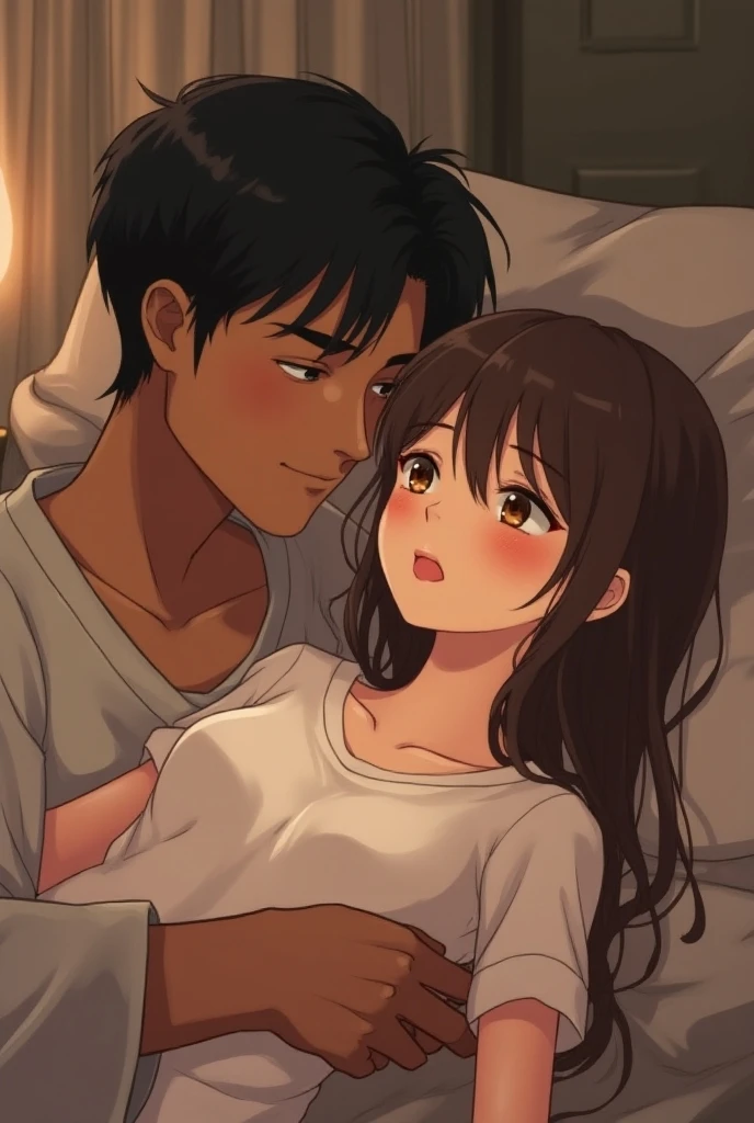1man and 1woman having sex,,hyperrealistic,mature seductive woman lying on bed,rolling up eyes,flying heart-shapes,shaking effect,black hair,(happy),(curvy),,saliva,bukkake,white sweater,long pink skirt,vulgar hotel,pink light