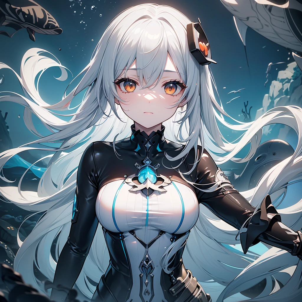 fish ears, mermaid, (mechanical: 1.1), (Mecha: 1.1), (Mechanical fish tail: 1.5), (end: 1.2), (human arm: 1.2), underwater,, ultra become familiar with, masterpiece, highest quality, beautiful, become familiar with,, strict, 1 girl, (White eyes:1.1), (gray eyes:1.3), gray hair, とてもlong hair, parted hair, parted bangs, medium breasts,, valkyrie, (body suit:1.1), Pink feather hair ornament, grey armored skirt, black body suit, armor, gauntlet, Pink breastplate, greaves, armored dress, shades of pink, Blake、（dark elf), (1 girl), alone, perfect face, get used to it, Ahoge, ((long hair:1.2)), (hair above one eye:1.3), [[messy hair]], Shiny blonde white hair, purple eyes, multicolored eyes, colorful hair, shining eyes, (eyelash, eye shadow, pink eye shadow), bright, smile, design art by Mikimoto Haruhiko, by Kawashi, By Yoshitaka Amano