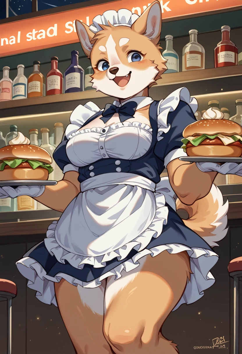 furry、woman、Corgi、clerk、Maid uniform、Wide open chest、Short skirt、cabaret、Night Bar、Neon Light、smile、 anime illustration、Night Barの店内、 Night Club Interior、Carrying food