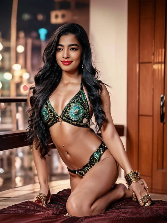 ((Celebs gathering at Night party)))), 1 beautiful female model, 30 years old, resembling Rashmika mandhana, Glamorous slim body, ((whole body portrait in frame)), The long-haired, black wavyhair, wet skin, Blue eyes, small breasts, slim thighs, seducting orgasmic smile, Fancy makeup,  red-lips, ((Intricate and ornate bikini)), (SeaGreen Decoration Mini-bikini),  hair adornments, Ring Accessories, high-heels, realist, plein air, super realistic 8K, super detailed and realistic, Full Body Bold Poses.