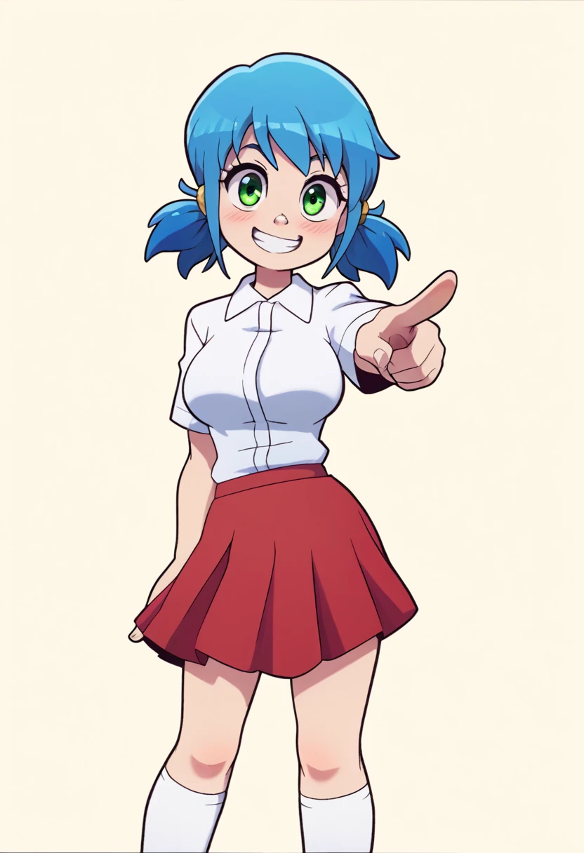 score_9, score_8_up, score_7_up, source_anime, best quality, clear face,shool skinny Nami-girl, bright blue hair, green eyes, medium hair, large breasts, perfect body, standing, looking at viewer,smile cute ,watered eyes, china d, indoor, w,blushing,embrassed,cute boob, p,mini red skirt,plain white shirt,pointing with hand at side,kyah,cute,Short Twintails,extremely short skirt,white socks,dimple design,