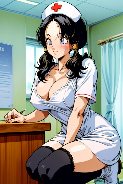 nursing，cortina，1 girl，  nurse dress  , nurses，  white dresses，  masterpiece，super detailed ,  The best quality  ，It's very detailed  ，cleavage，  big breasts，pigtails, full body, knee high stockings, se ke ve thong color rosado,
