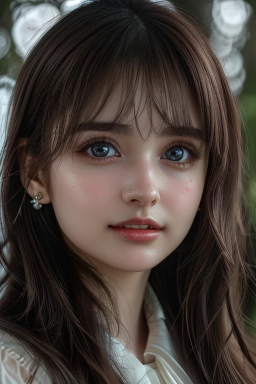 Create a high-quality close-up image of a 2 years joyful young half-elf child. Focus on her expressive face, highlighting her large, bright eyes filled with wonder and her wide, innocent smile that radiates happiness. Her pointed elf-like ears should be visible, peeking out from beneath her wavy, chestnut brown hair, which is adorned with small, colorful flowers. Capture the delicate details of her features, emphasizing her youthful and playful expression. The background should be softly blurred, suggesting a sunlit woodland glade, with warm light creating a gentle glow around her, enhancing the magical and joyful atmosphere