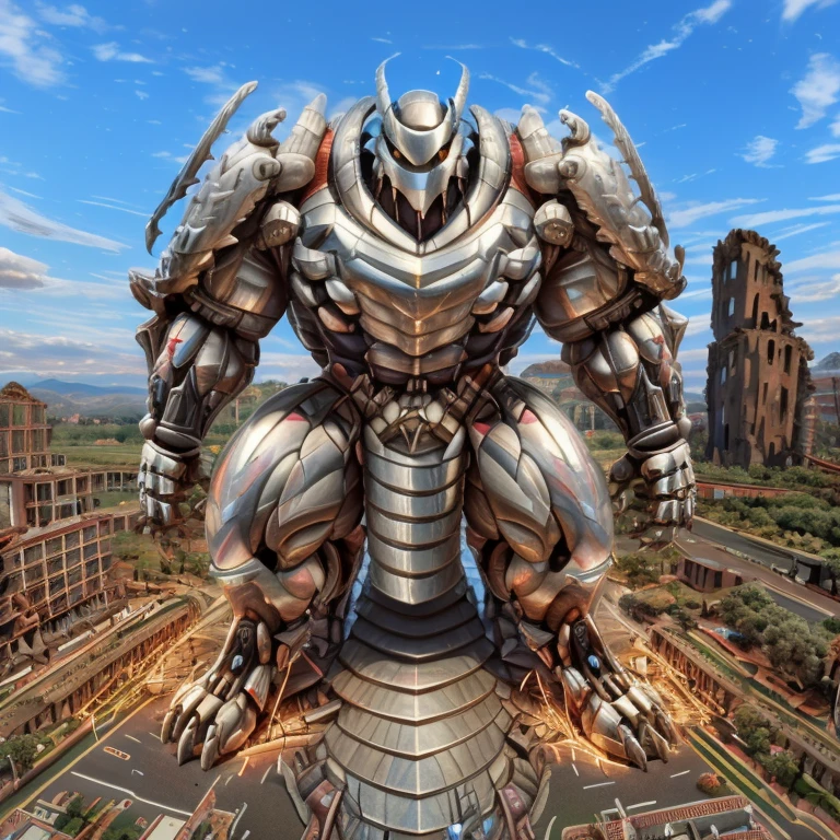 - The as big as a building Exoskeleton Silver Samurai in the street.
- Exoskeleton Silver Samurai (massive:3.0,Big Muscle:1.1(heavyweight,strong,macro,Emphasize huge size, Stepping on the ruins))
- background((the collapse building,raising little spoke,the little sparks,the rift in the road))
- high angle perspective