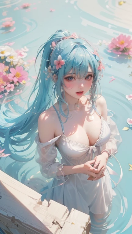 photorealistic:1.49, film grain:1.49, (masterpiece), (intricate details), 1girl, solo, mature female, large breasts, ganyu, ((light blue hair)), goat horns, white sleeves, ((white top)), half body portrait, half body, lying, lying on water, drawn, face at water, hair on water, messy hair, (best quality), looking at viewer, view from above, head on water,