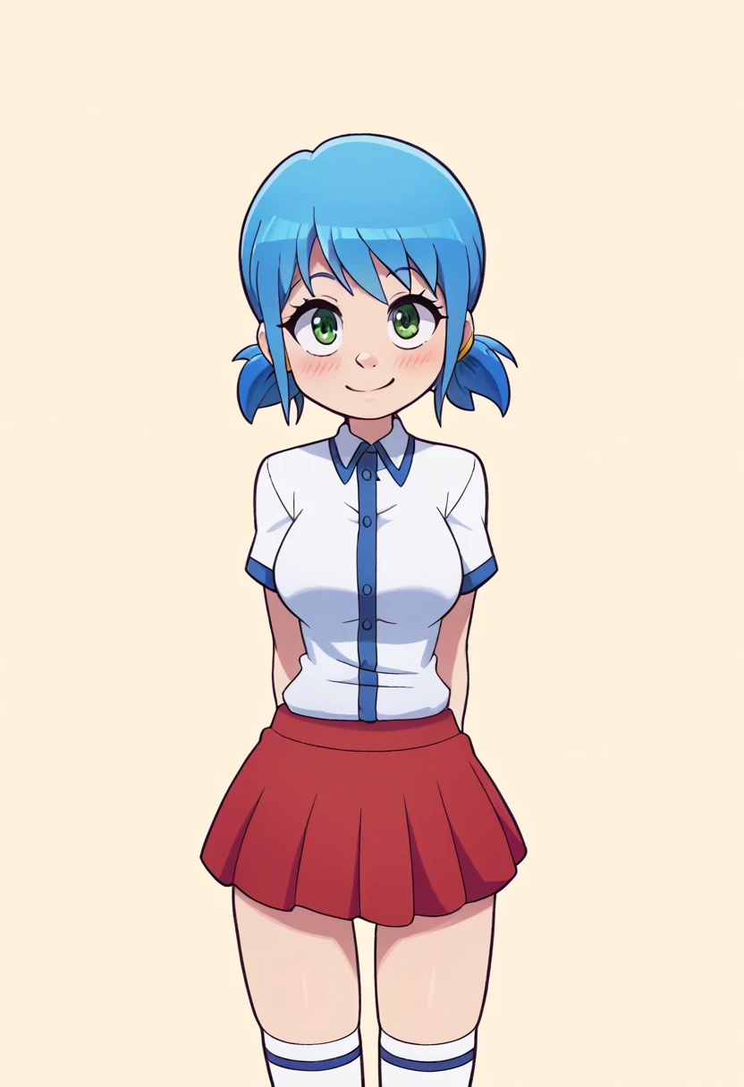 score_9, score_8_up, score_7_up, source_anime, best quality, clear face,shool skinny Nami-girl, bright blue hair, green eyes, medium hair, large breasts, perfect body, standing, looking at viewer,smile cute ,watered eyes, china d, indoor, w,blushing,embrassed,cute boob, p,mini red skirt,plain white shirt,p with hand at side,kyah,cute,Short Twintails,extremely short skirt,white socks,dimple design,