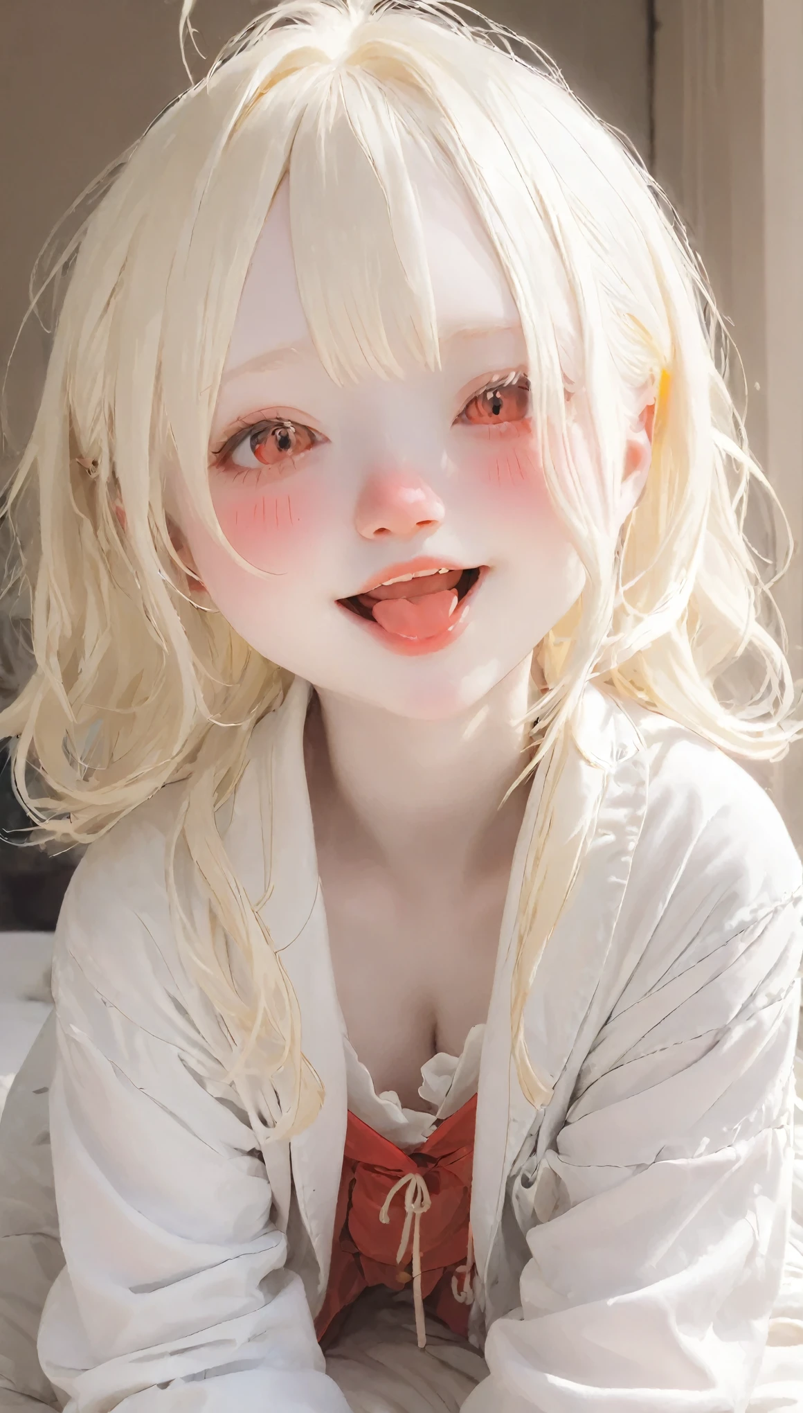 Best Quality、masterpiece、RAW Photos、Film Grain、８ｋ、Ultra-high resolution、Very cute girl、Albino Girl、Super cute、(((Dreadlocks、Pure white hair:1.2、Laugh a little:0.1)))、Silk pajamas、Blushing, Nose bright red, Deformed cheek blush,