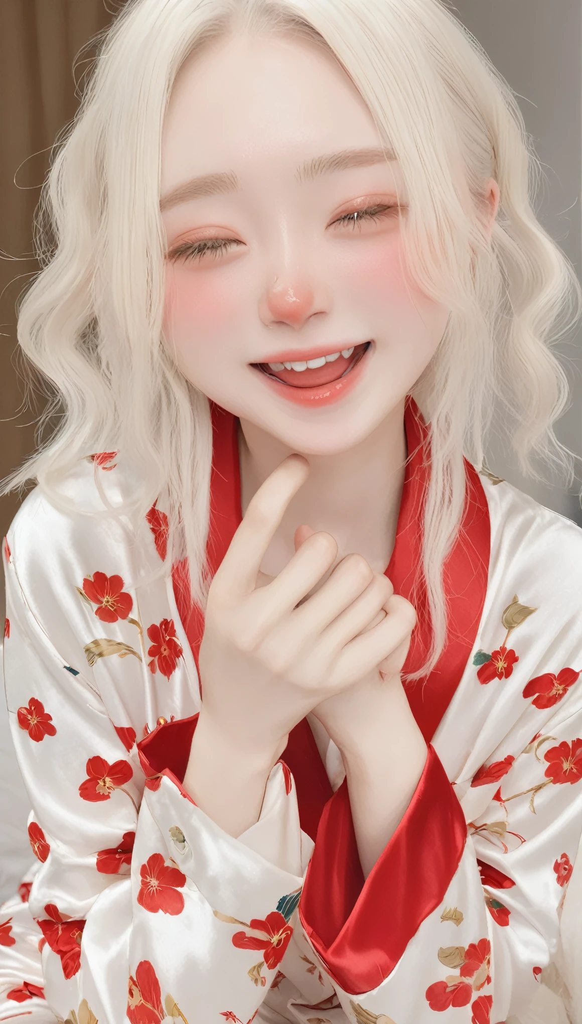 Best Quality、masterpiece、RAW Photos、Film Grain、８ｋ、Ultra-high resolution、Very cute girl、Albino Girl、Super cute、(((Dreadlocks、Pure white hair:1.2、Laugh a little:0.1)))、Silk pajamas、Blushing, Nose bright red, Deformed cheek blush,