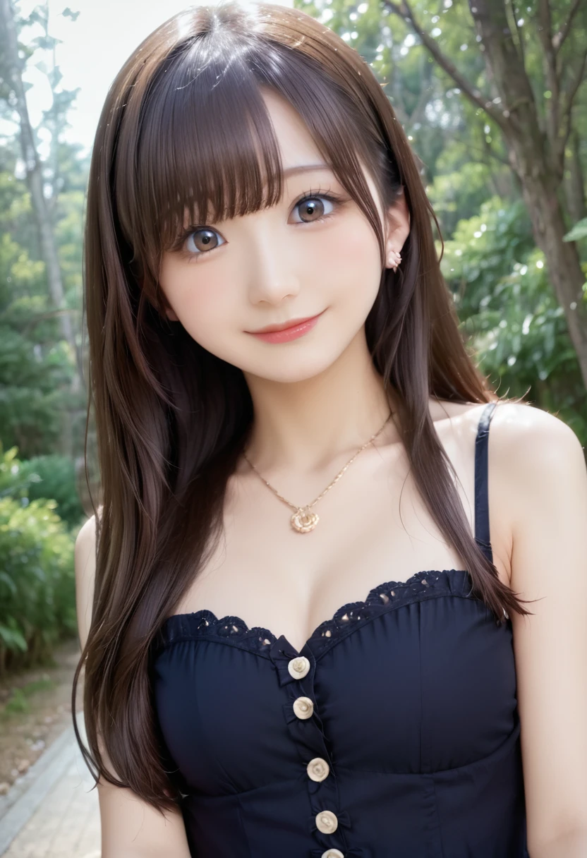 high resolution, best quality, extremely detailed CG, perfect anatomy, perfect hands, high resolution, best quality, extremely detailed CG, perfect anatomy, perfect hands, 1girl, solo, long hair, brown hair, looking at viewer, brown eyes, smile, blush, bangs, closed mouth, face, 25 years old, Japanese, dress, forest, 3d, photorealistic, realistic, portrait, photo \(medium\), ((detailed shapely nose, detailed big eyes, detailed brown hair)), lips, earrings, necklace, 