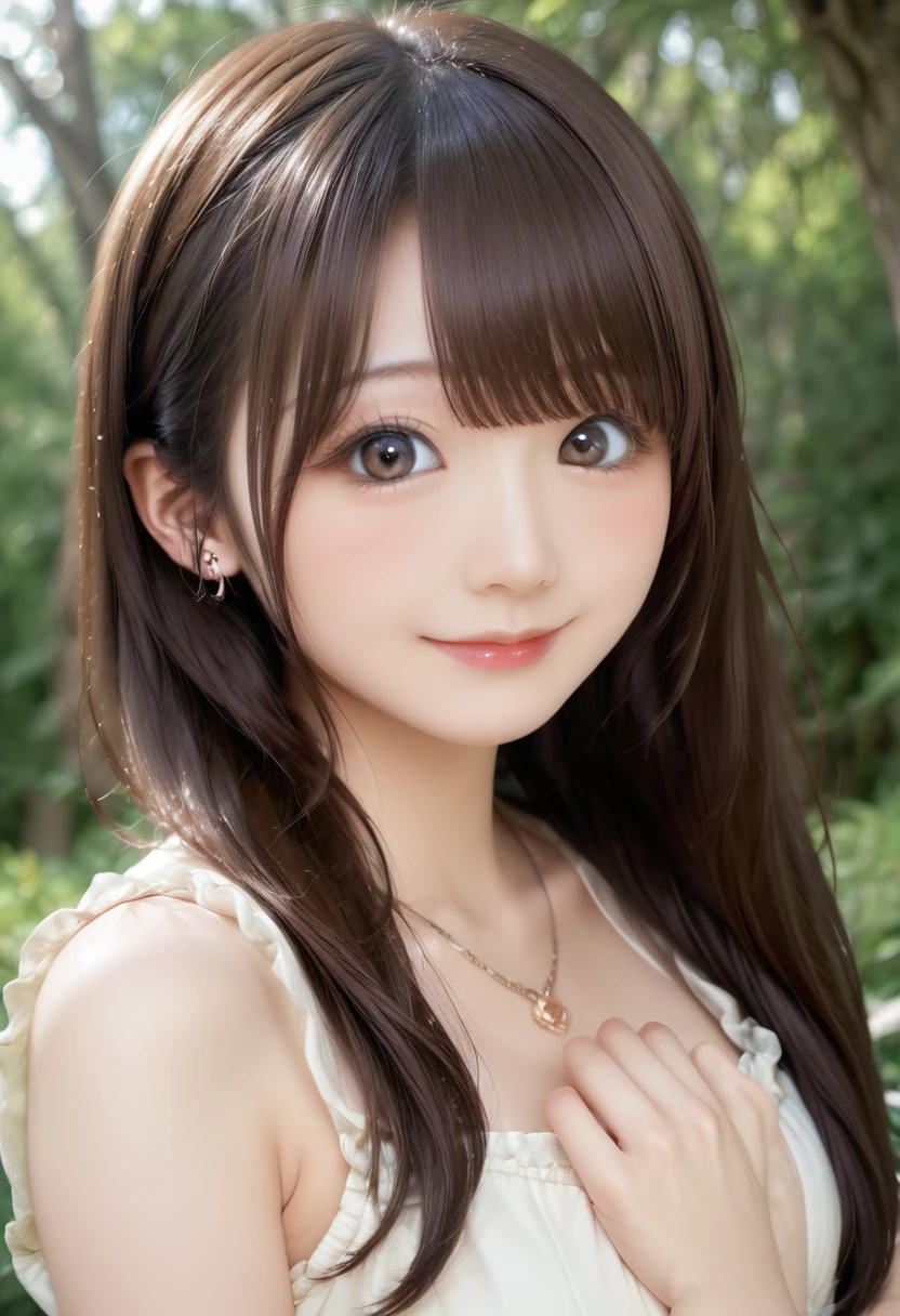 high resolution, best quality, extremely detailed CG, perfect anatomy, perfect hands, high resolution, best quality, extremely detailed CG, perfect anatomy, perfect hands, 1girl, solo, long hair, brown hair, looking at viewer, brown eyes, smile, blush, bangs, closed mouth, face, 25 years old, Japanese, dress, forest, 3d, photorealistic, realistic, portrait, photo \(medium\), ((detailed shapely nose, detailed big eyes, detailed brown hair)), lips, earrings, necklace, 