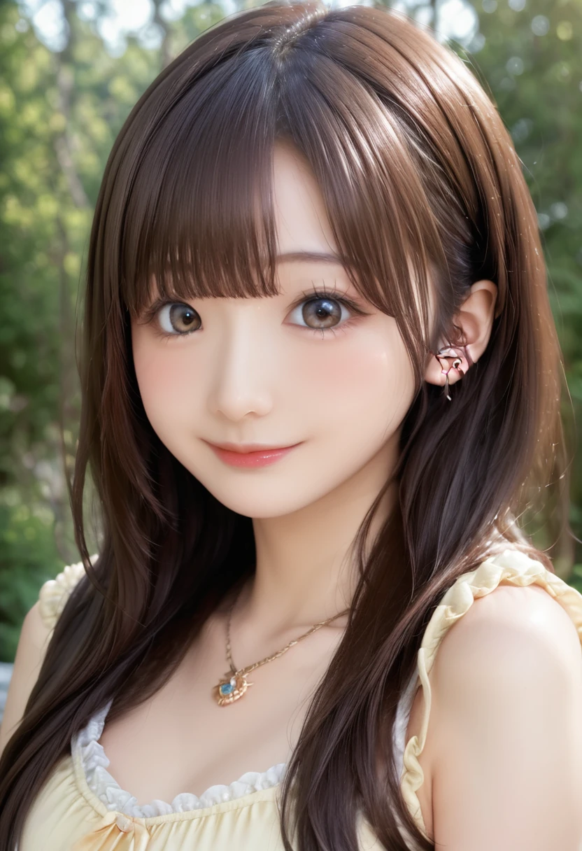 high resolution, best quality, extremely detailed CG, perfect anatomy, perfect hands, high resolution, best quality, extremely detailed CG, perfect anatomy, perfect hands, 1girl, solo, long hair, brown hair, looking at viewer, brown eyes, smile, blush, bangs, closed mouth, face, 25 years old, Japanese, dress, forest, 3d, photorealistic, realistic, portrait, photo \(medium\), ((detailed shapely nose, detailed big eyes, detailed brown hair)), lips, earrings, necklace, 