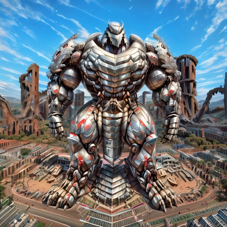 - The as big as a building Exoskeleton Silver Samurai in the street.
- Exoskeleton Silver Samurai (massive:3.0,Big Muscle:1.1(heavyweight,strong,macro,Emphasize huge size, Stepping on the ruins))
- background((the collapse building,raising little spoke,the little sparks,the rift in the road))
- high angle perspective