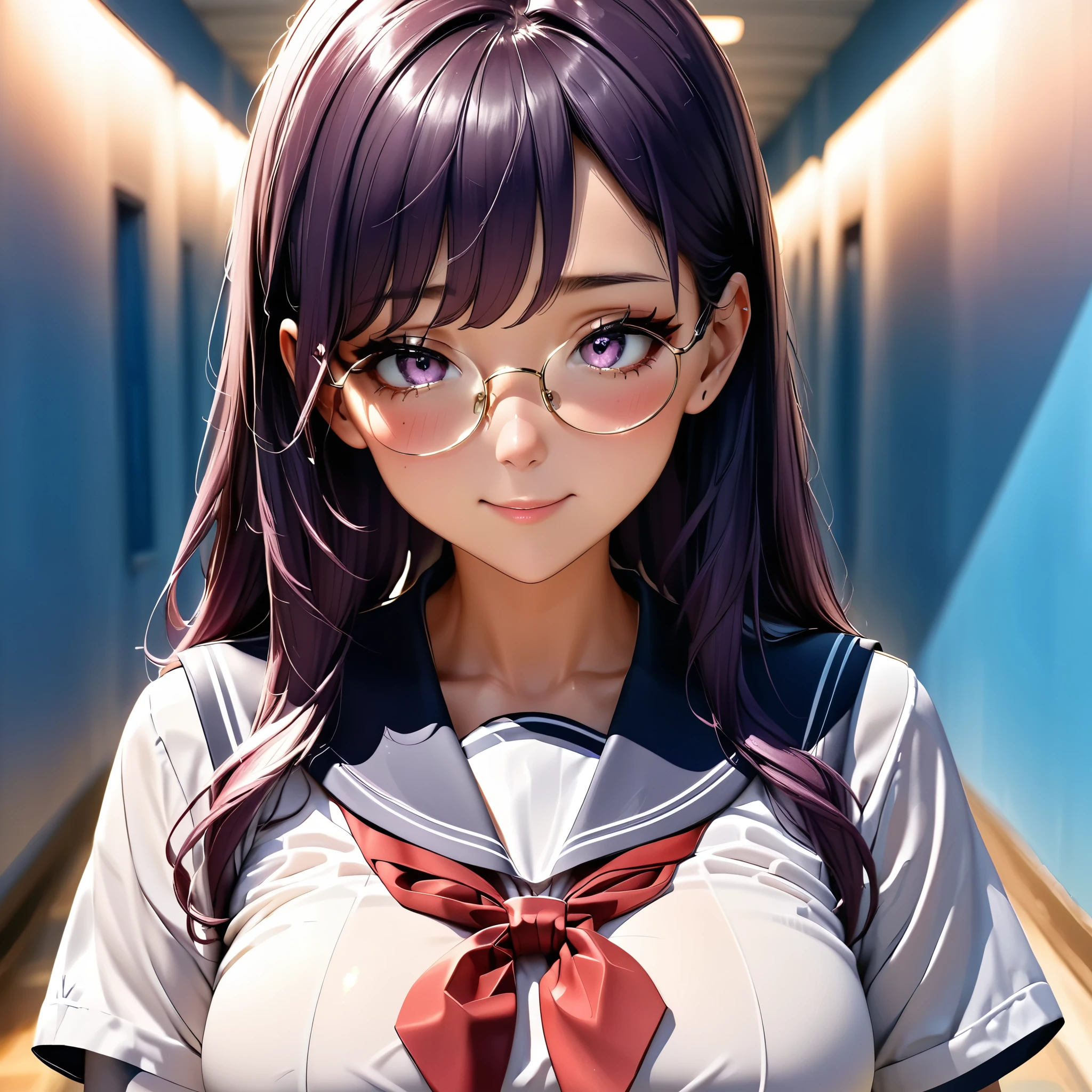 beautiful, perfect eyes, perfect face, perfect lighting, 1girl, wide hips, schoolgirl sailor uniform, white blouse, pink skirt, shy smile, thick round glasses, cheeks blushing, absurdres, [perfect shadows and lighting] detailed background, incredible high-key lighting, rich colors, school hallway background, accurate, anatomically correct (masterpiece:1.3) ultra detailed illustration, (best quality:1.1), textured skin, high details, award winning, highres, UHD, award winning, highres, shiny skin, deep purple hair, hyper beautiful face,