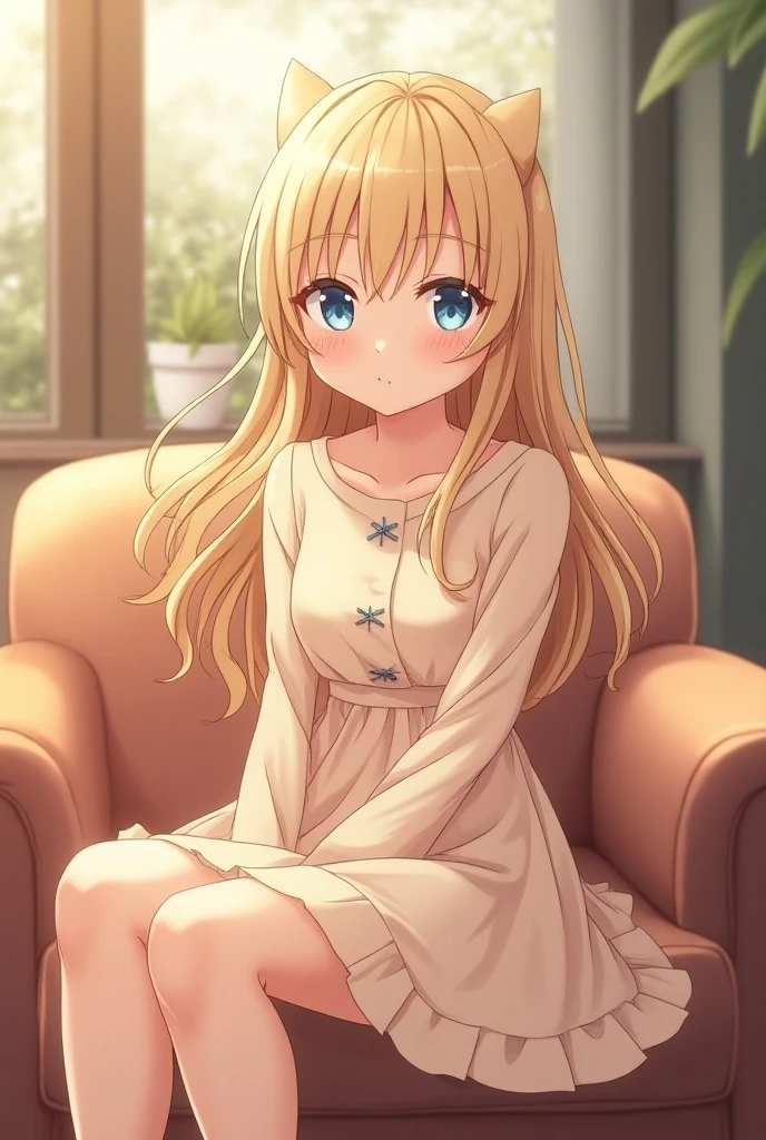 (((Cute blonde woman, long hair with pink bow, Blue eyes))), sexy pink babydoll nightgown with neckline, barefoot, 8k, very detailed, heart earring, in the bedroom sitting down, sensual pose, blushing smile, sexy clothes, pink panties showing