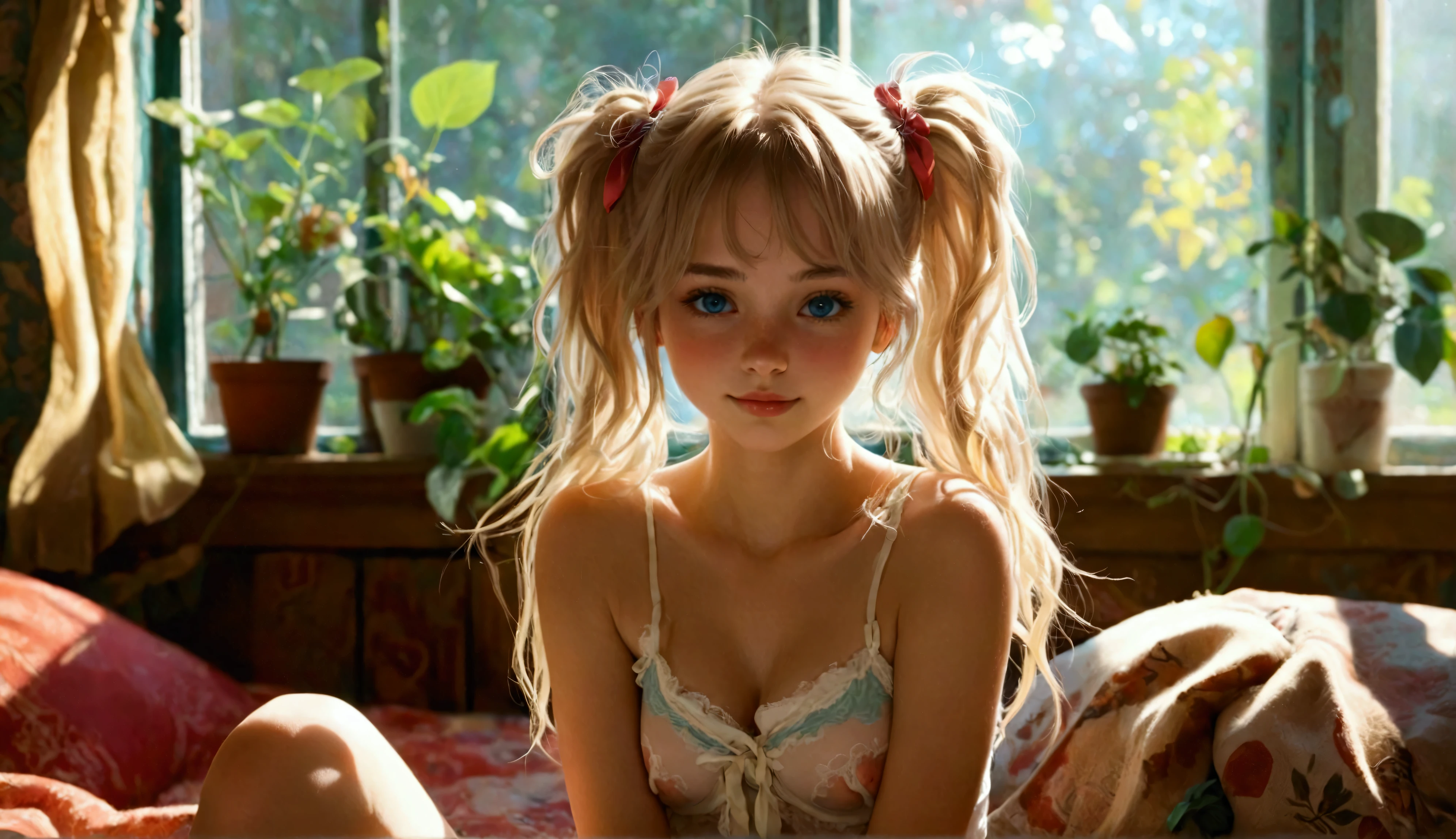 1 girl, age 16, Wearing cotton panties, perfect face, petite and skinny, small breasts, blue eyes, light blonde hair, long curly hair, messy hair, twin tails, shy smile, ribbons, realistic, (cowboy shot), indoors, soft lighting, plants in background, window with sunlight, cozy room, relaxed pose, realistic, intricate details, warm colors, by Greg Rutkowski, by Alphonse Mucha Real image, hard nipples, seductive,